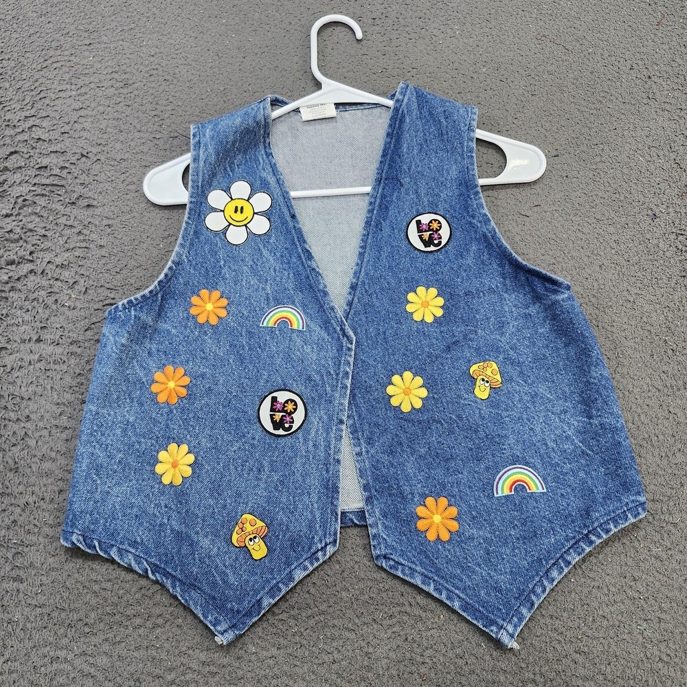 Innovo Inc. Vest Youth 12-14 Blue Denim Smiley Face Rainbow Flower Power Hippie